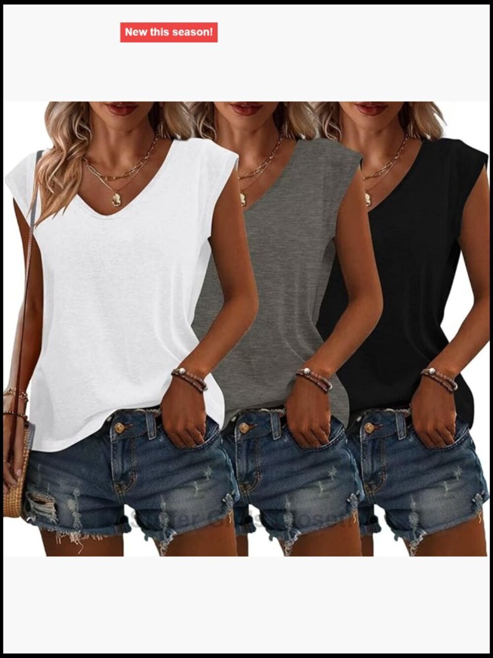 Cap Sleeve V-Neck T-Shirts 3 Pack Loose Fit Summer Tops